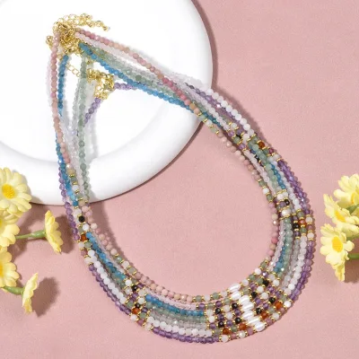 Boho Elegant 3mm Mixed Natural Stone Rose Quartz,Amethyst,Green Aventurine and Freshwater Pearl Beads Necklace for Women Gift