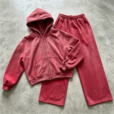 Factory Price Spandex/Cotton French Terry Vintage Embroidered Zip-Up Hoodie Customize High Quality Distressed Acid Wash for Men