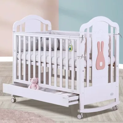 White Solid Pine Wood Modern Adjustable Baby Crib with Cartoon Patterns for Living Room and School Use
