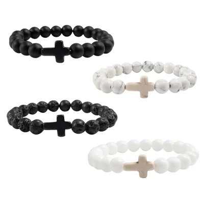 Handmade Black Lava Stone Stretch Cross Bracelet Beaded Rosary Cross Bracelet