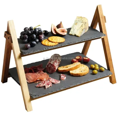 OEM acacia wood multi-level slates serving platters with two slates foldable washable suitable for cold dishes and for cooling