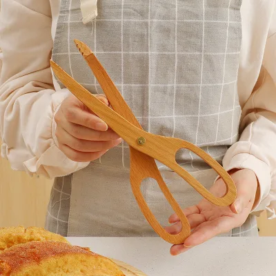 Natural Beech Wood Bread Scissors Handcrafted Baking Scissors Food Grade Kitchen Tool for Bread Tongs Food Clip Utensil Bakeware