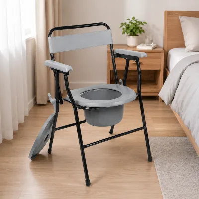 Folding Stainless Steel Commode Chair with Detachable Bucket and Padded Armrests for Senior Bedroom Toilet Assistance