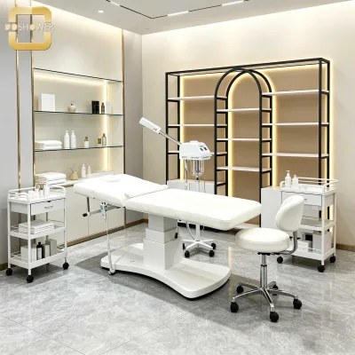 Luxury Black Metal Frame Display Rack with LED Light, White Storage Cabinet for Beauty Salon Retail Display & Nail Salon