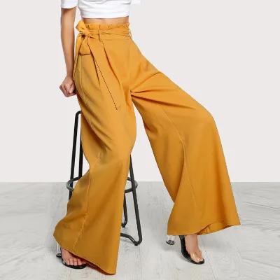 Women Yellow Frill Waist Belted Palazzo Pants