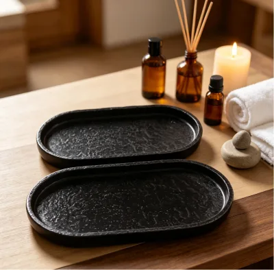 Wholesale Custom Logo Hotel Restaurant Oval Black Dark Decoration Metal Serving Tray Massage Food Tray Jewelry Storage