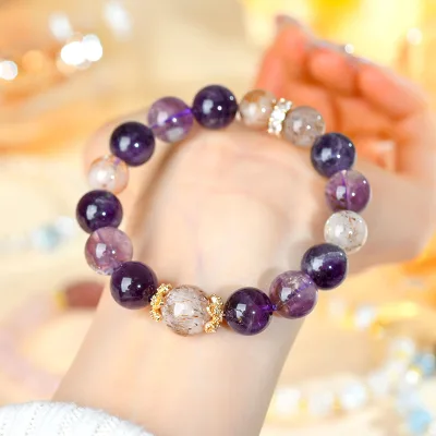 Wholesale natural crystal amethyst black gold oversized round bead bracelet for female