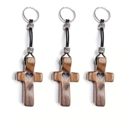 Cross-border Bestseller Wooden Cross Church Easter Hand-held Keychain American Walnut Hand-crafted Thumb-sized