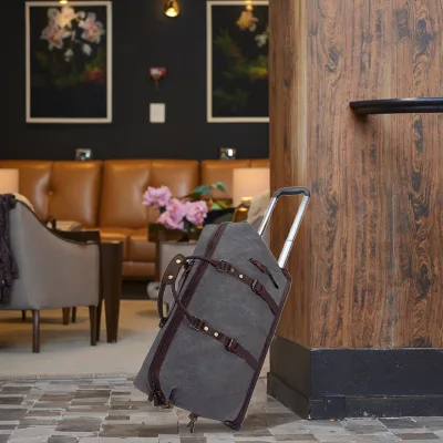 Large Capacity Vintage Canvas Trolley Travel Luggage with Zipper Closure Polyester Lining