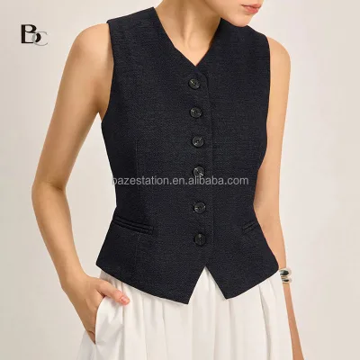 Wholesale High-end Premium Clothing OEM/ODM Factory Sleeveless Pockets V-Neck Single-Breasted Denim Suit Vest Slim Fit for Women