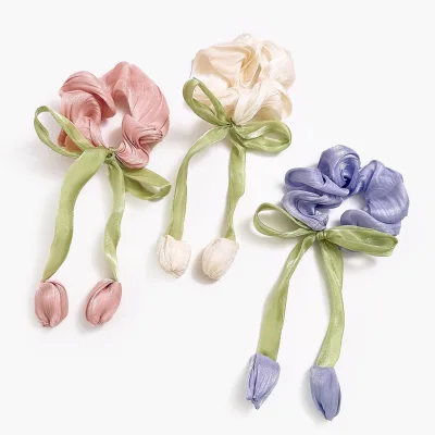 Sweet Tulip Bow Ribbon Cute Hair Scrunchies Flower Scrunchies Flower Scrunchies