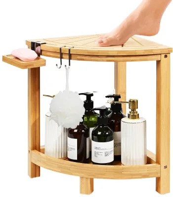Waterproof 2 Tier Bamboo Corner Shower Stool With Soap Dish Removable Hooks Non-Slip Feet Bathroom Shower Bench for Shower Room