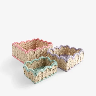 Playful Style Woven Seagrass Scalloped Mini Storage Basket Set of 3 Handcrafted Basket for Living Room Home Decor Nursery