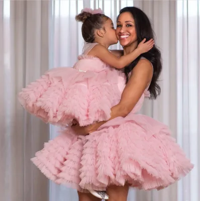 Mom and Me Matching Flower Girl Party Dress Solid Color Cake pink Tiered Mom and Daughter Dress