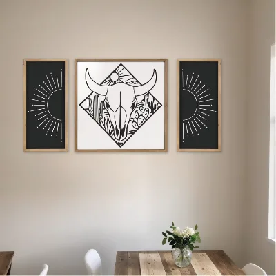 2pcs Boho Wooden Framed White and Black Sun Wall Art Minimalist Living Room Rustic Farmhouse Decorations for Home