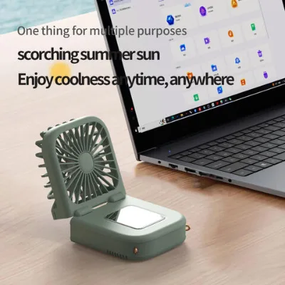 Foldable USB Fan with 5X Magnifying Mirror & 3-Speed Cooling for Travel