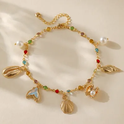 Bohemian-style Dainty Anklet Shell Starfish Design Copper Plated 18K Gold Long-lasting Color Instagram-inspired Seaside Resort