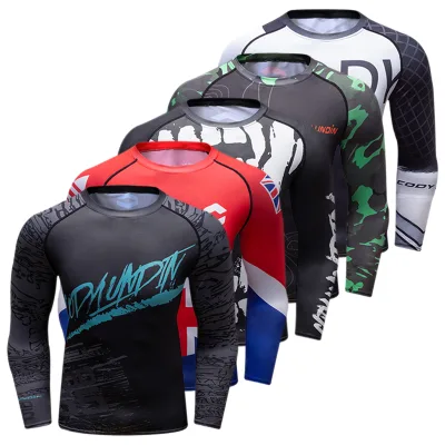 Fashion Elasticity Stretch Mens Fitness Rash Guard Digital Printing Long Sleeve Sport Wear T Shirt for Men