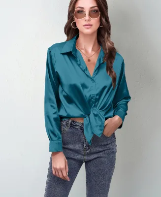 Women Satin Long Sleeve Shirt Tie Hem V Neck Lapel Fashion Casual Blouse
