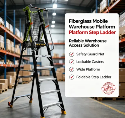 EN131 Certified Fiberglass Mobile Scaffold Platform Step Ladder Foldable with Lockable Casters Safety Guard for Warehouse Work