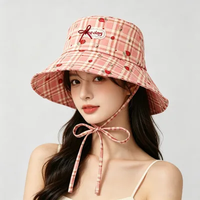 Korean-style Sweet Strawberry Plaid Fisherman Hat Womens Spring/summer Fashionable Versatile Breathable Bucket Hat