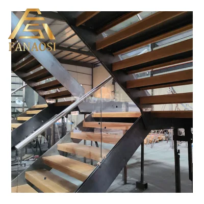 Customized Modern Double Beam Staircase with Landing and LED Lights Stairs for Interior Residential