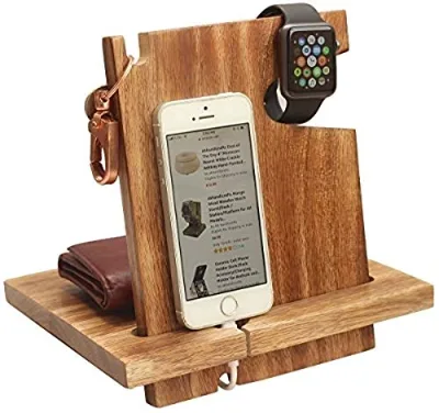 Wooden Cell Phone Stand Holder Docking Station for Men Nightstand Organizer Charging Station Stand Watch Organizer Holds Keys