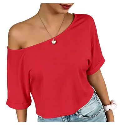 Dropshipping Women Lazy Style Off One Shoulder Loungewear Top Solid Color Cuff Short Sleeve Cropped Home Shirts