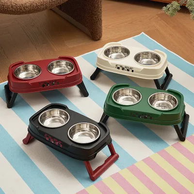 Cat Bowl Retro Style Foldable Elevated Double Bowl Three-Stage Adjustment Neck-Care Raised Pet Feeding Wholesale