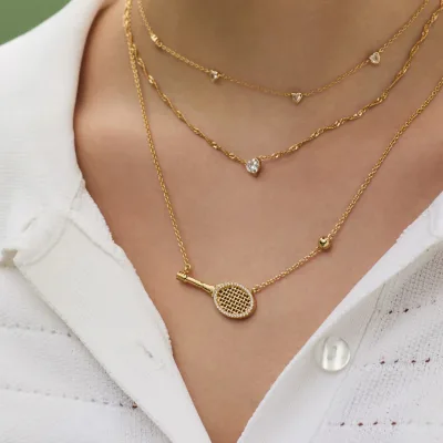 Personalized Sports Style Stainless Steel Tennis Racket Pendant Necklace Diamonds Necklace Jewelry for Women