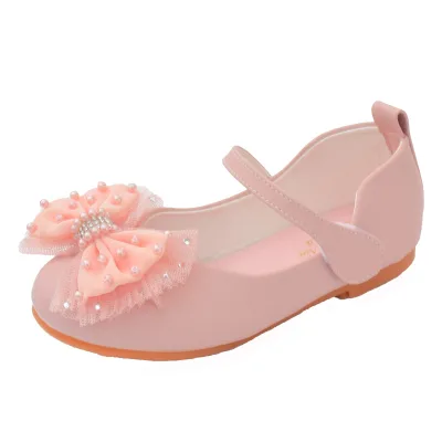 Girl pearl bow leather party wedding shoes girl princess pink white stage birthday performance dance shoes
