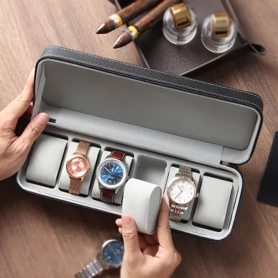 Black Ostrich PU Leather 6 Slots Watch Boxes Watch Bag Organizer Watch case