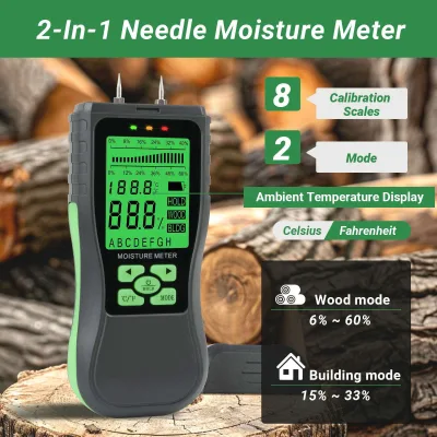 LCD Display Pin Moisture Tester, Portable Building Material Moisture Meter for Cement, Red Brick, Concrete and Wood Timber