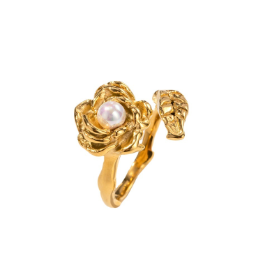 Gold Plated Stainless Steel Camellia With Pearl Opening Ring Classic Style Not Fading for Gift Rings Jewelry Women