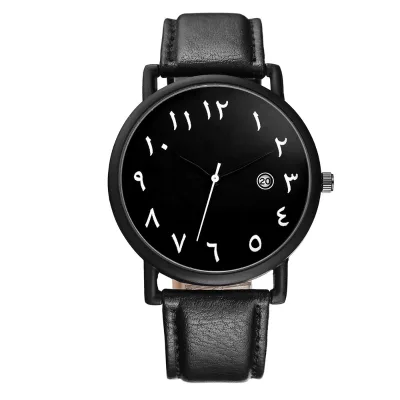 Unisex Muslim Designer Custom Logo Arabic Numbers Dial Watch Black Leather Strap Date Arabic Watch
