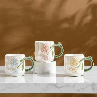 3D Relief Flower Design Ceramic Mug Cup Tulips Rose Lily Relief Luxury Mug