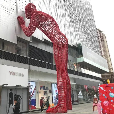 K303 Innovative Red Mesh Human Sculpture Stainless Steel Urban Street Entrance Building Interactive Public 3D Display Statues