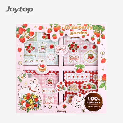 Joytop 2350 Wholesale Strawberry Garden 100 Sheets Cartoon Washi Paper Sticker Gift Box for Children Cute Stationery