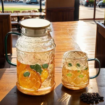 Household Cold Water Kettle Juice Cold Kettle Set Begonia Flower High Borosilicate Glass Pot with Stainless Steel Lid