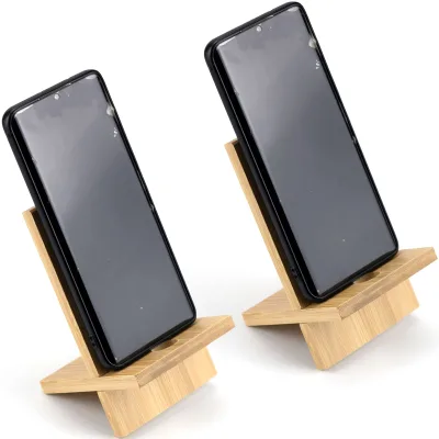 2 Pack Bamboo Cell Phone Stand,Wooden Phone Holder Tablet Desk Stand with Charging Hole,Wood Portable Phone Table Table Stand