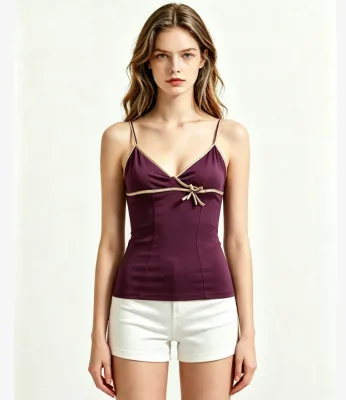 Women V Neck Cami Top Contrast Piping Bow Detail Slim Fit Sleeveless Camisole