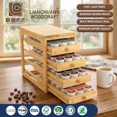 Large 72 Pod Capacity Coffee Drawer Organizer 4 Tier Bamboo Holder Stand for Nespresso K Cup Kitchen Counter Coffee Bar