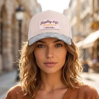 Wholesale Vintage Cotton Structured Adjustable Snapback Curved Brim Fashion Streetwear Cap Custom Logo Camo Trucker Hat