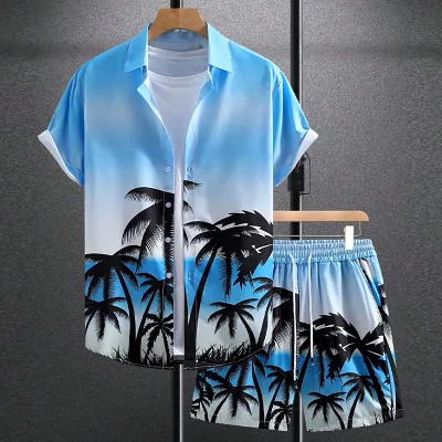 2025 Summer Men's Big Tall Customizable Casual Tropical Print Hawaiian Shirt with Drawstring Shorts 2 Piece Vacation Outfit Set