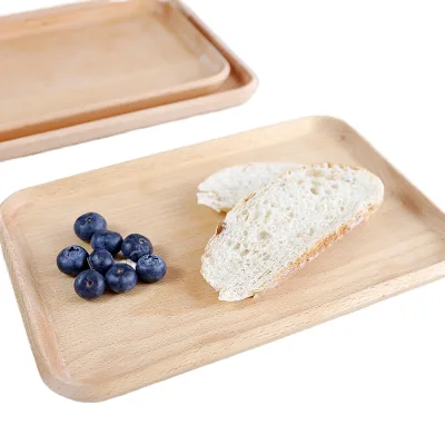 Beech Wood Rectangular Serving Tray Set of 2, Natural Wooden Food Tray With Raised Edges for Kitchen Dining Table