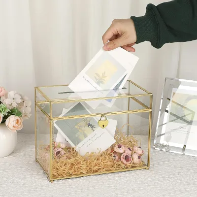 Clear Glass Wedding Card Holder With Lids Golden Envelope Box Gift Card Container