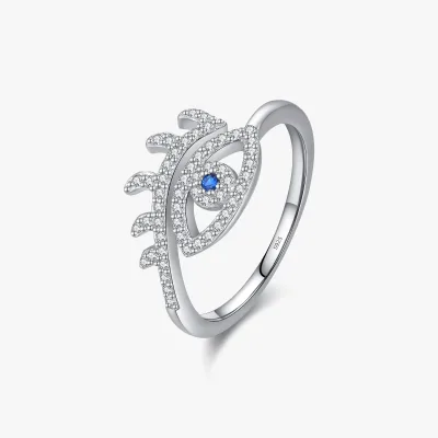 Sexy Eyelash Adjustable Finger Ring Pave Setting Zirconia 925 Sterling Silver Blue Eyes Ring for Women