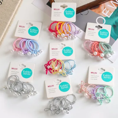 MUJU B539 Kids Pearl Hair Ties 3cm Mini Faux Pearl Elastic Bow Tinsel Ribbed Ponytail Holders Custom Logo Card Retail Ready