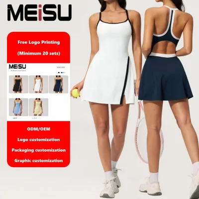 Custom logo Sports Apparel Women Backless Pleated Sports Dress Anti See Through Tennis Set Fitness Skirt Casual Dress for Sale