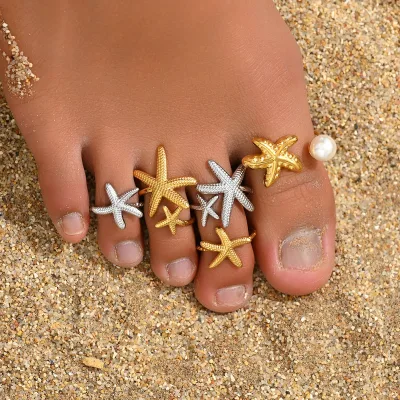 Hot Sale Fashion Jewelry Adjustable Copper Toe Ring Women Summer Beach Style Design Geometric Inlaid Pearl Starfish Toe Ring